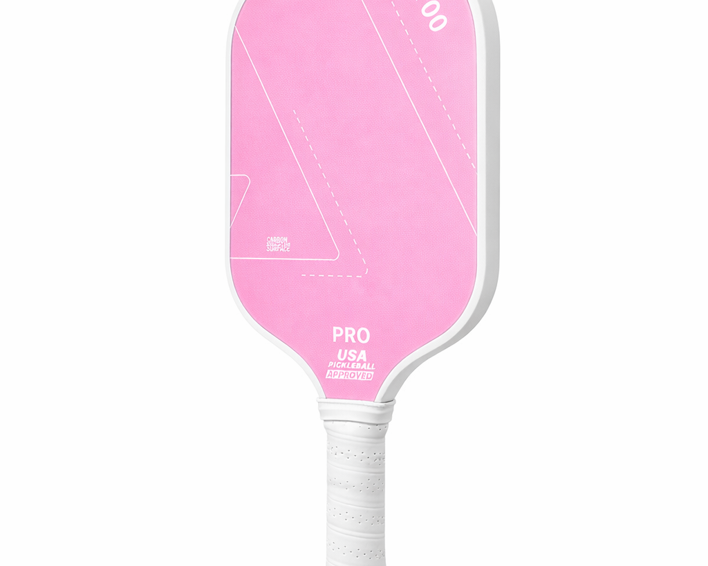 Pink 16mm carbon fiber pickleball training paddle with white handle, angled view