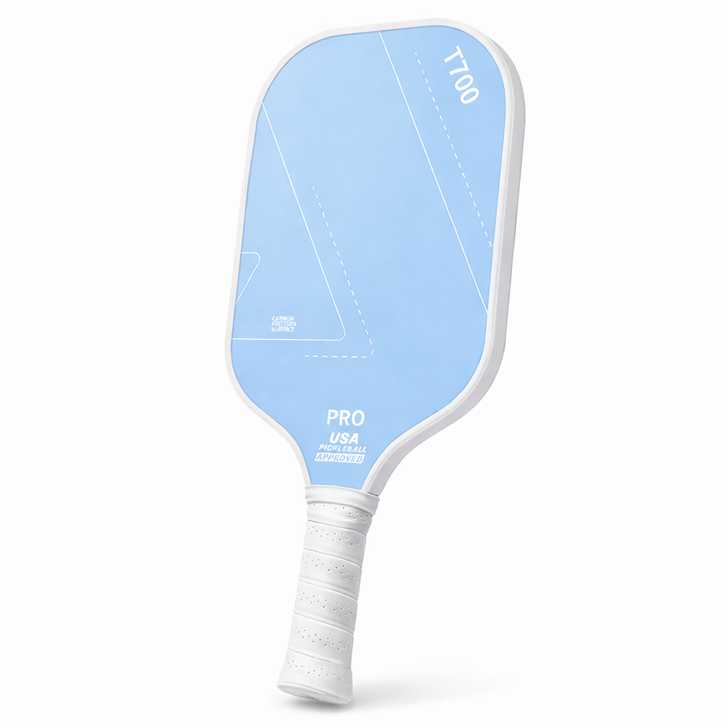 Sky blue 16mm carbon fiber pickleball training paddle with cushioned white handle