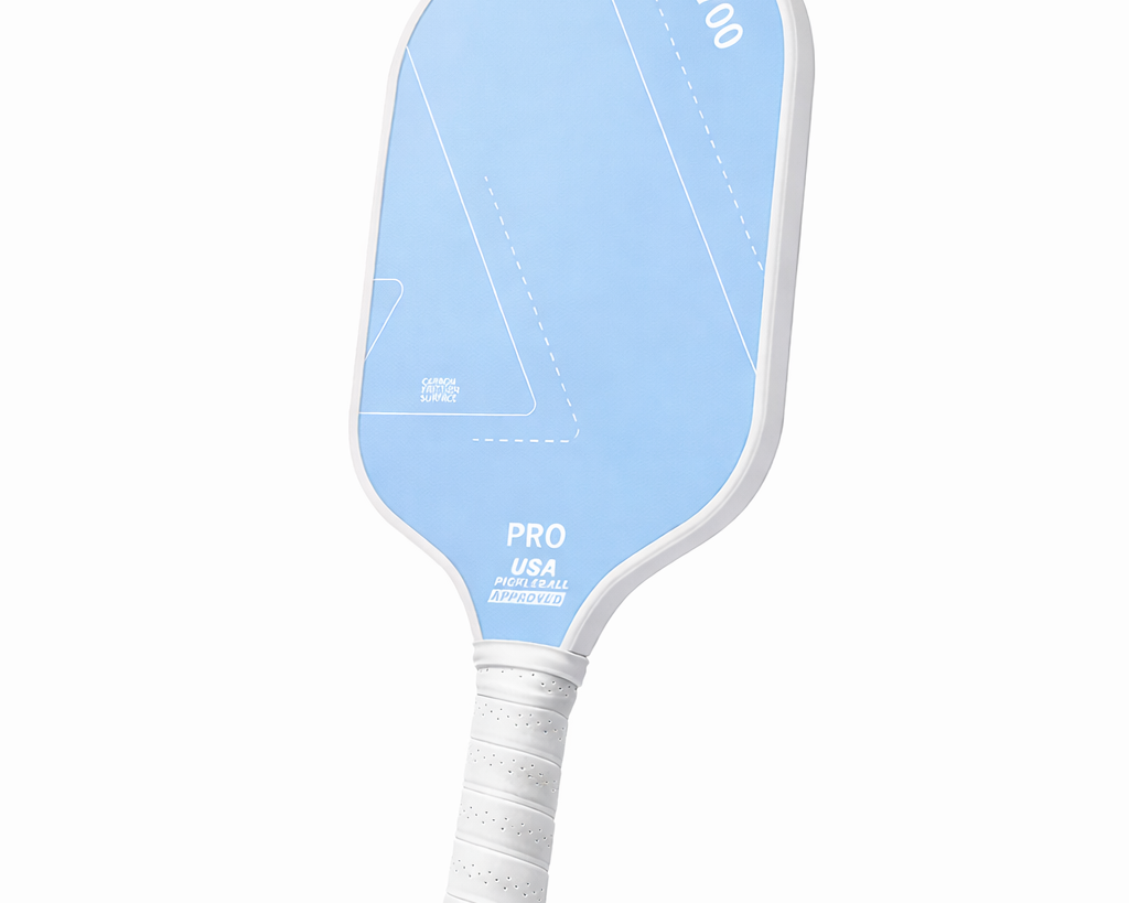 Sky blue 16mm carbon fiber pickleball training paddle with cushioned white handle