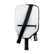 White pickleball paddle cover with smooth zipper closure on white background