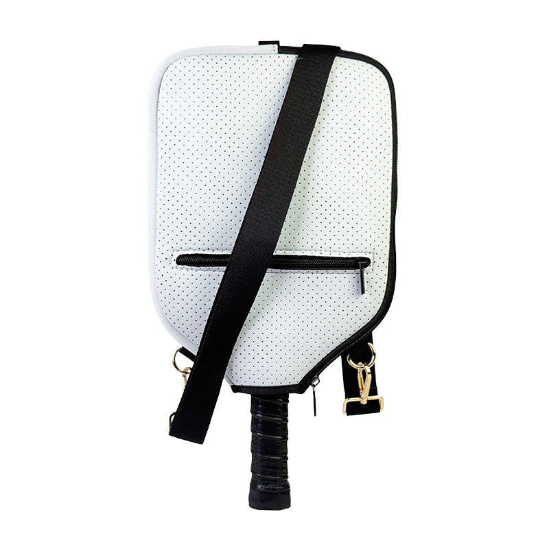 White pickleball paddle cover with smooth zipper closure on white background
