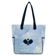 Women's pickleball bag in blue pickleball print, featuring convertible strap system and water-resistant exterior