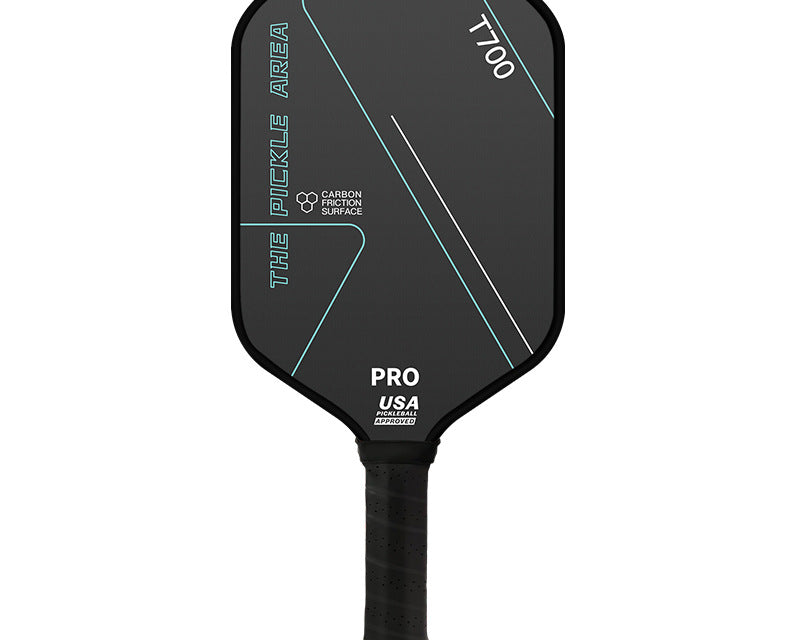 Black pickleball paddle with textured surface for enhanced spin and control
