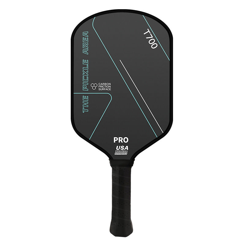Black pickleball paddle with textured surface for enhanced spin and control