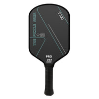 Black pickleball paddle with textured surface for enhanced spin and control