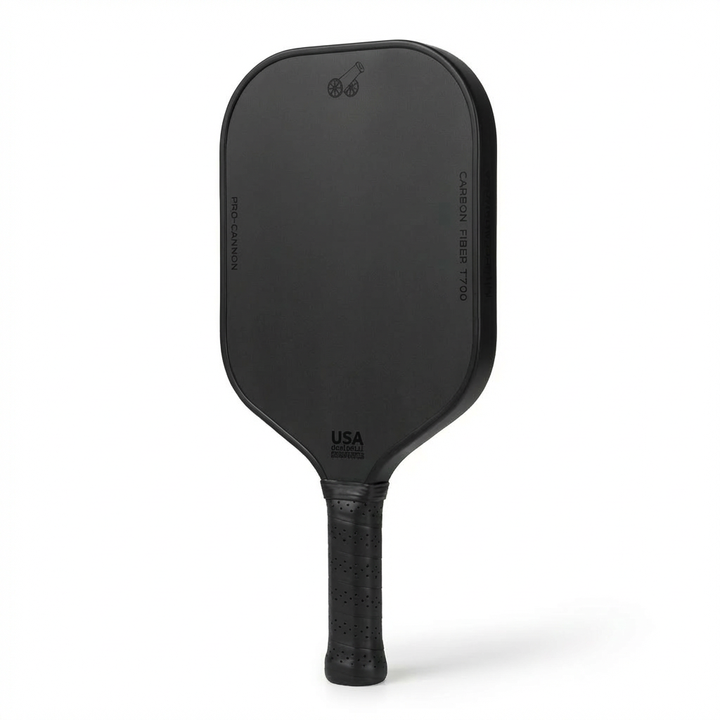 Black pickleball paddle front view showing carbon fiber surface and grip design