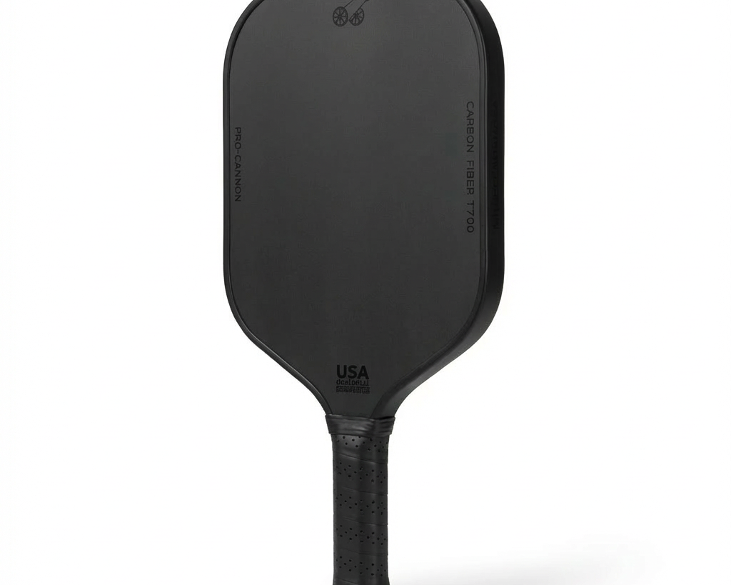 Black pickleball paddle front view showing carbon fiber surface and grip design