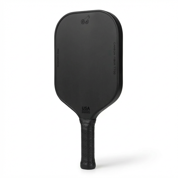 Black pickleball paddle front view showing carbon fiber surface and grip design
