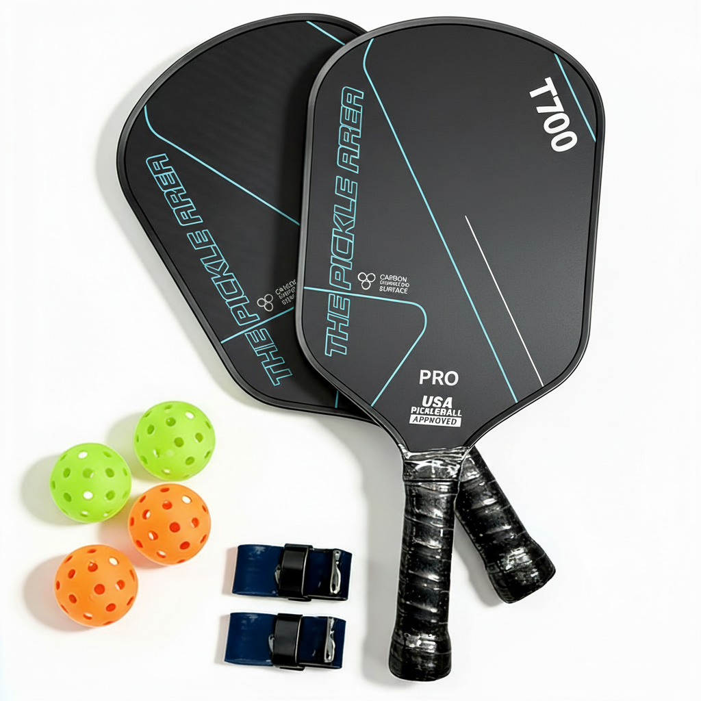 Black pickleball paddle set of 2 with 4 balls and grip tape shown from top view