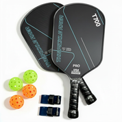 Black pickleball paddle set of 2 with 4 balls and grip tape shown from top view