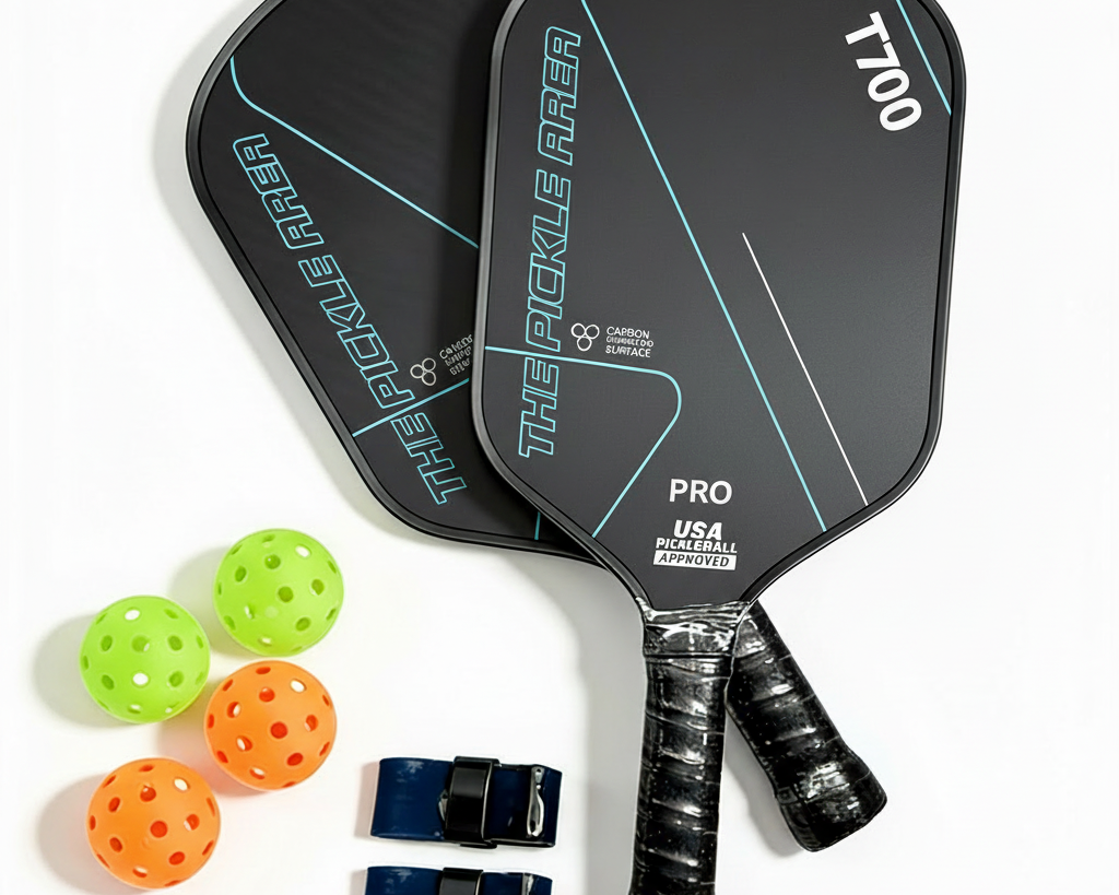 Black pickleball paddle set of 2 with 4 balls and grip tape shown from top view
