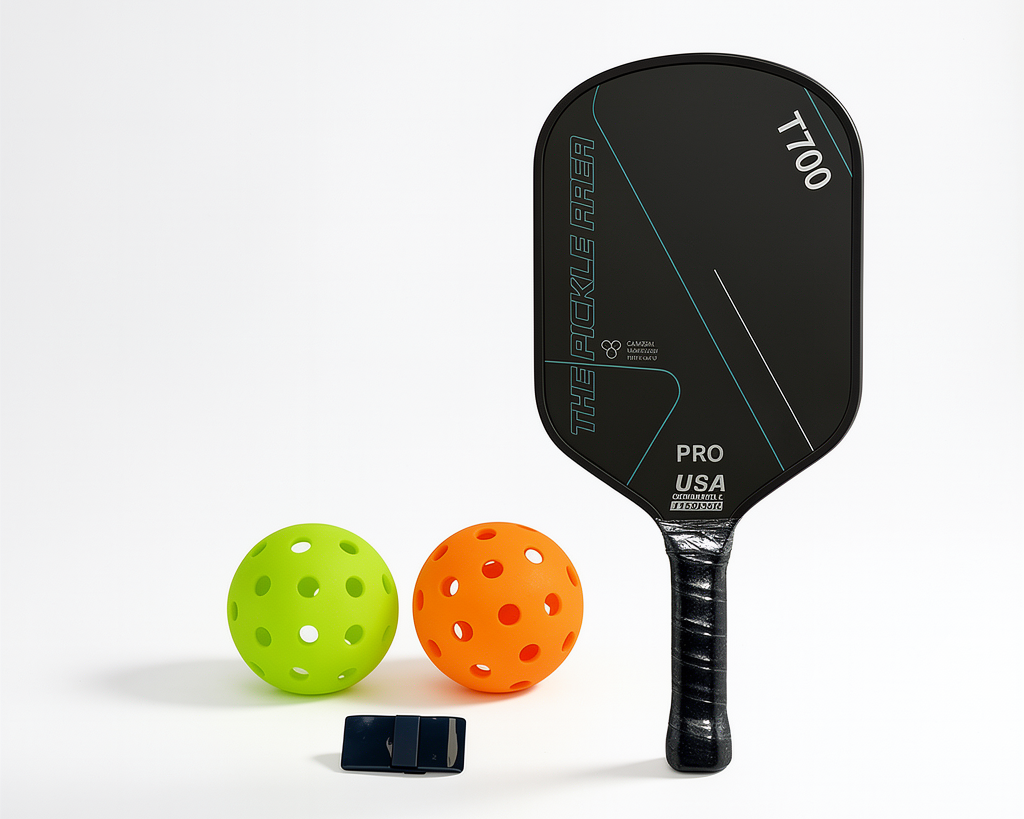 Black pickleball paddle set with 2 balls and grip protection tape front view
