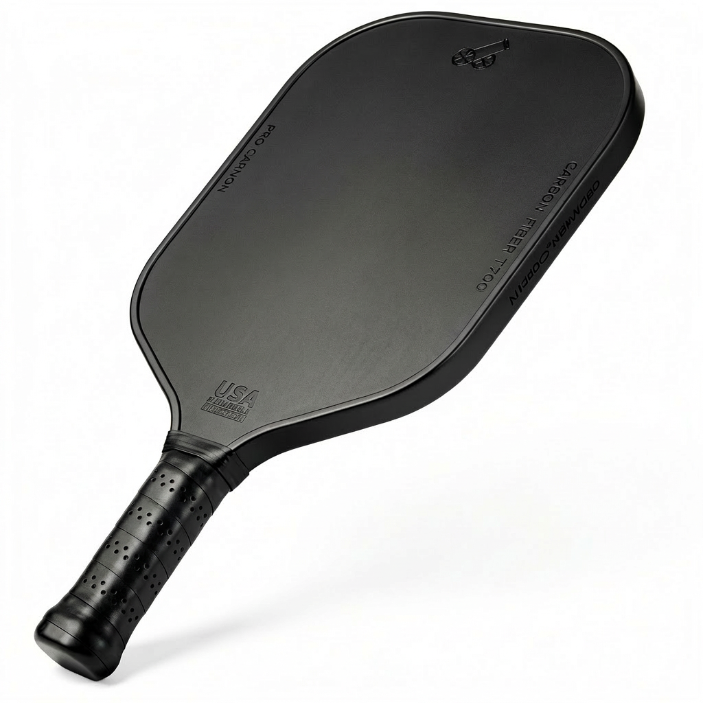 Tournament-ready black pickleball paddle with professional-grade construction and ergonomic handle