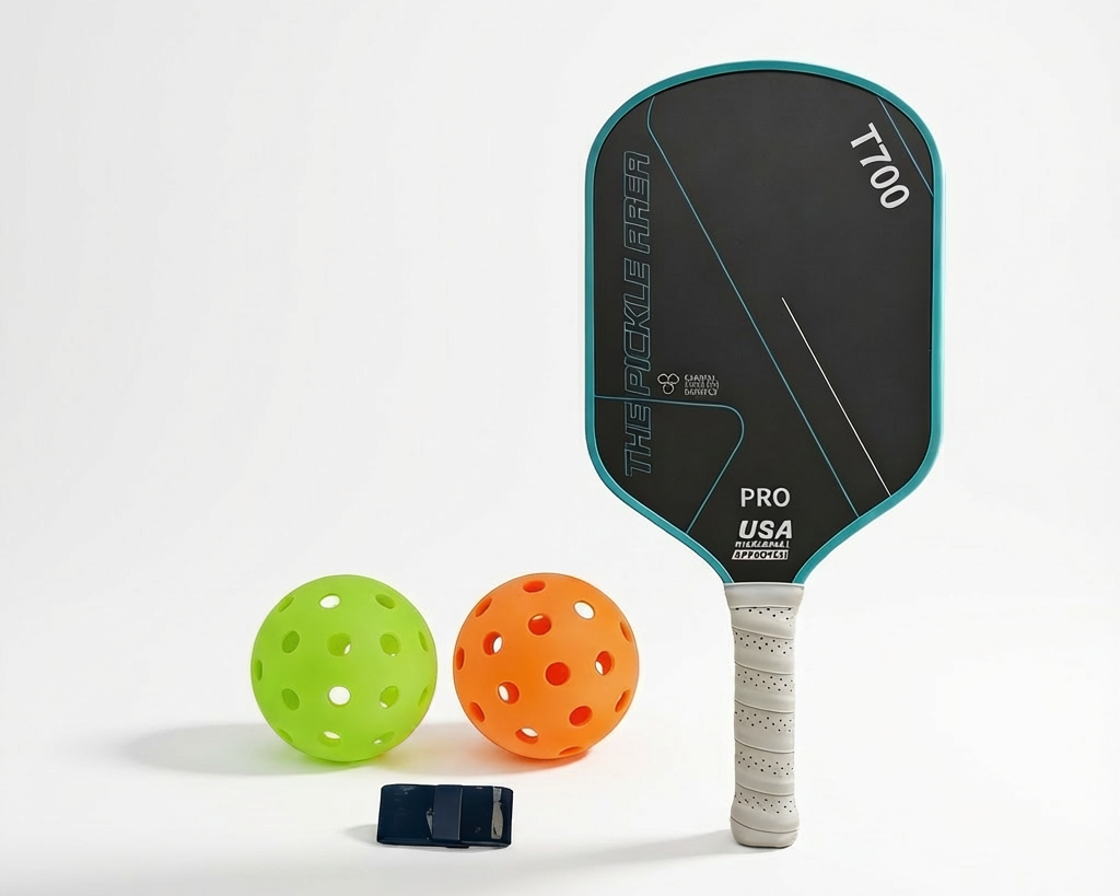 Blue pickleball paddle solo set including paddle, balls and handle tape front view
