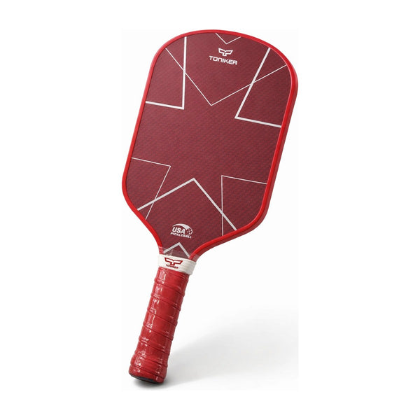 Red kevlar face pickleball paddle with carbon fiber geometric design, front view