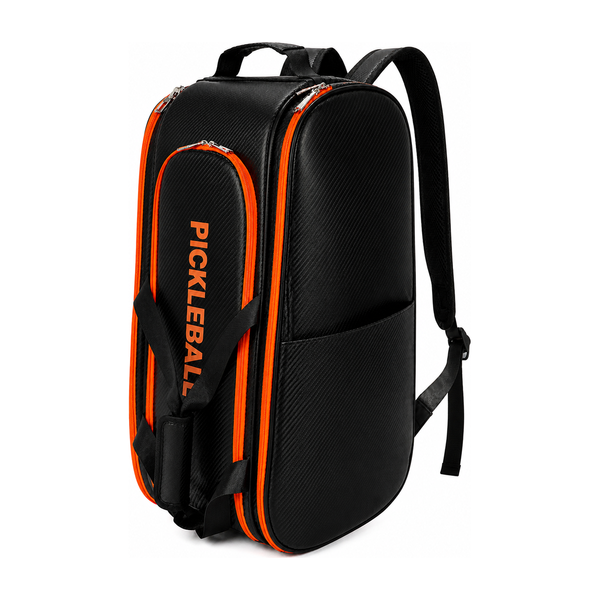 Large pickleball backpack with a shoe compartment in black with orange trim