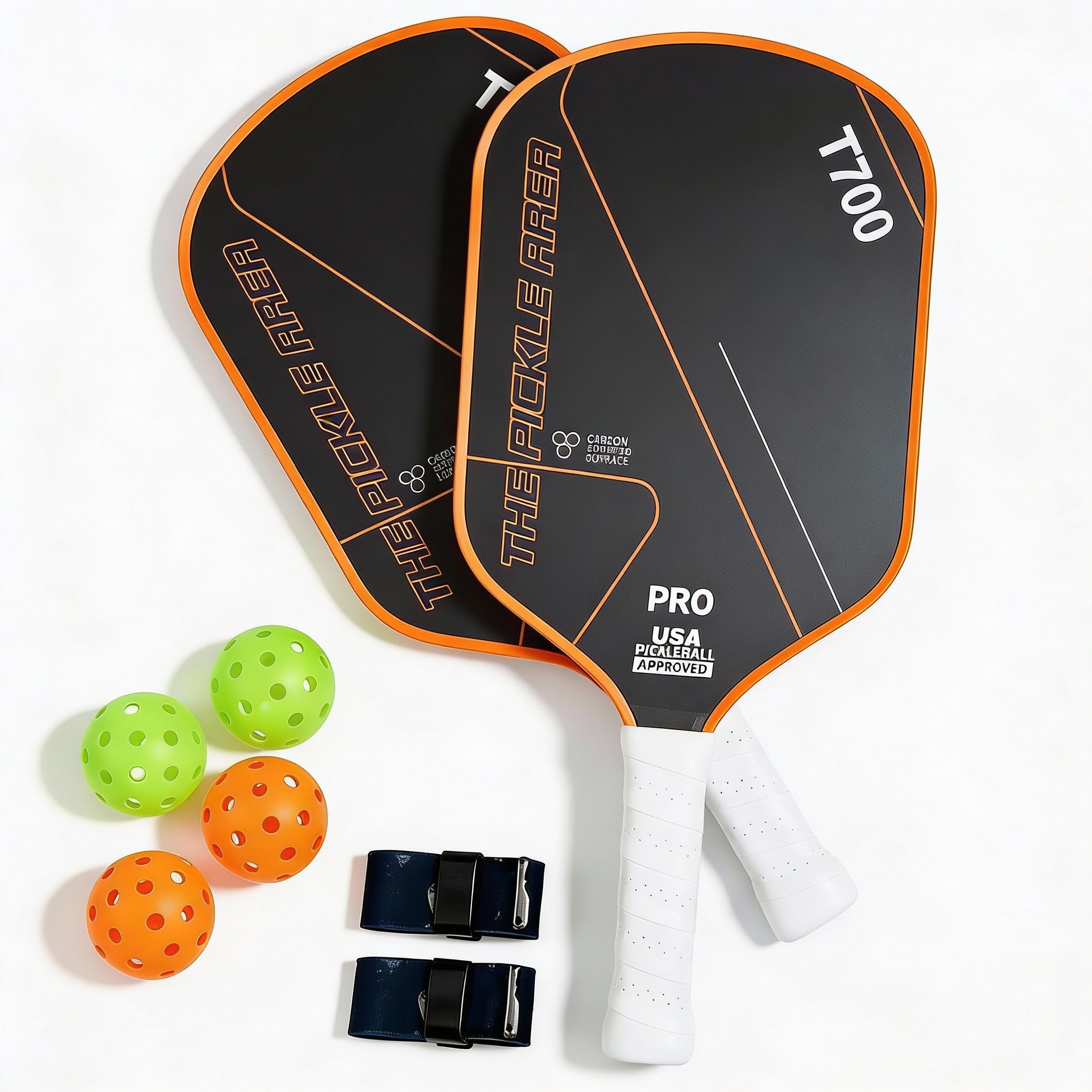 Orange pickleball paddle set of 2 with complete accessories for doubles play top view