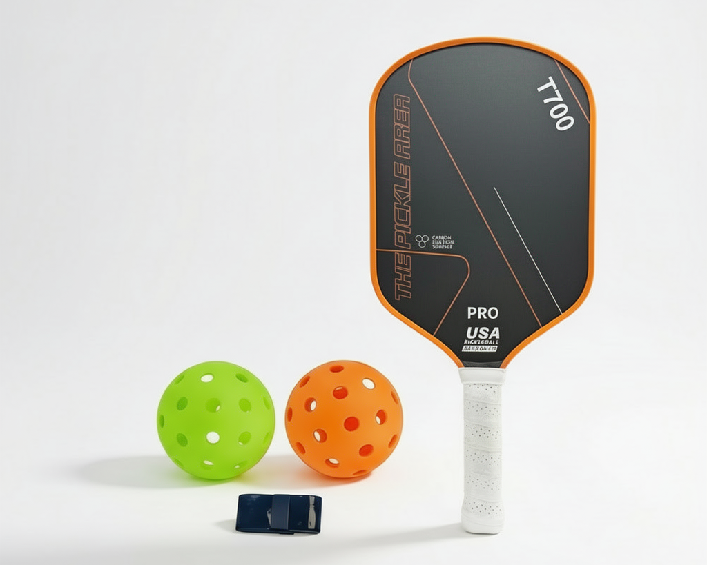 Orange pickleball paddle set with complete accessories for individual play front view