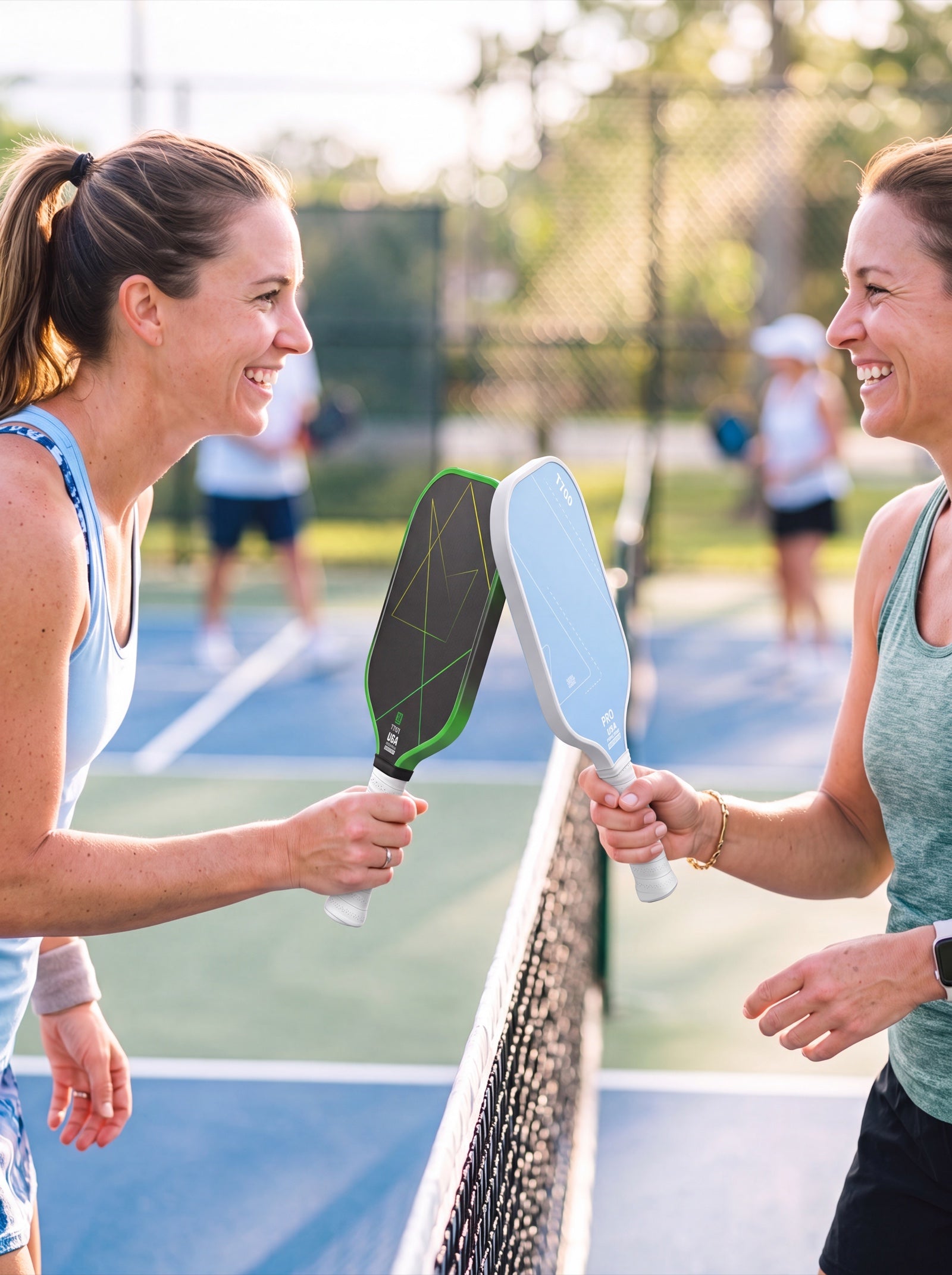 Two smiling pickleball players tapping paddles at the net after a match