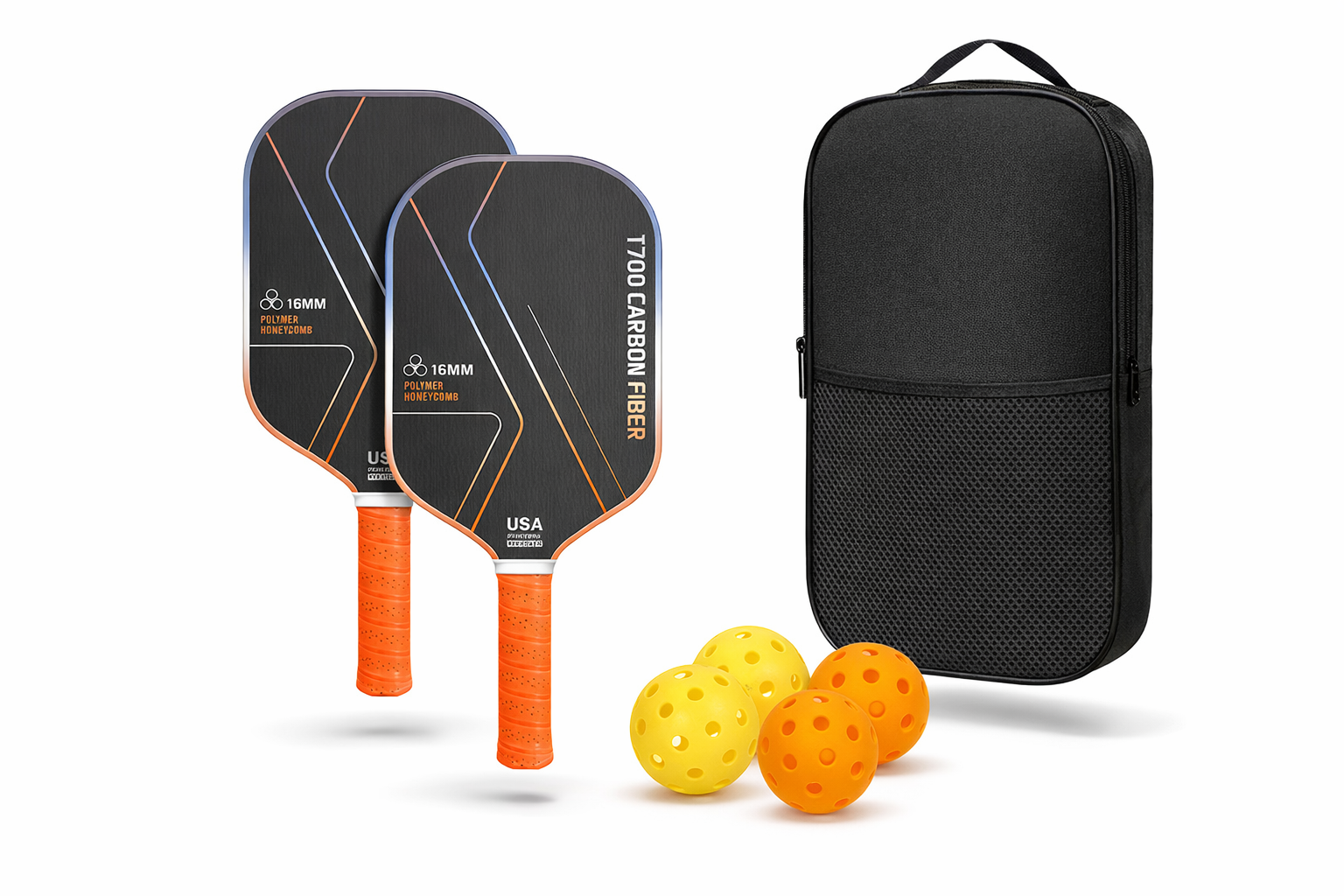 Carbon pickleball paddle orange color perforated grip handle