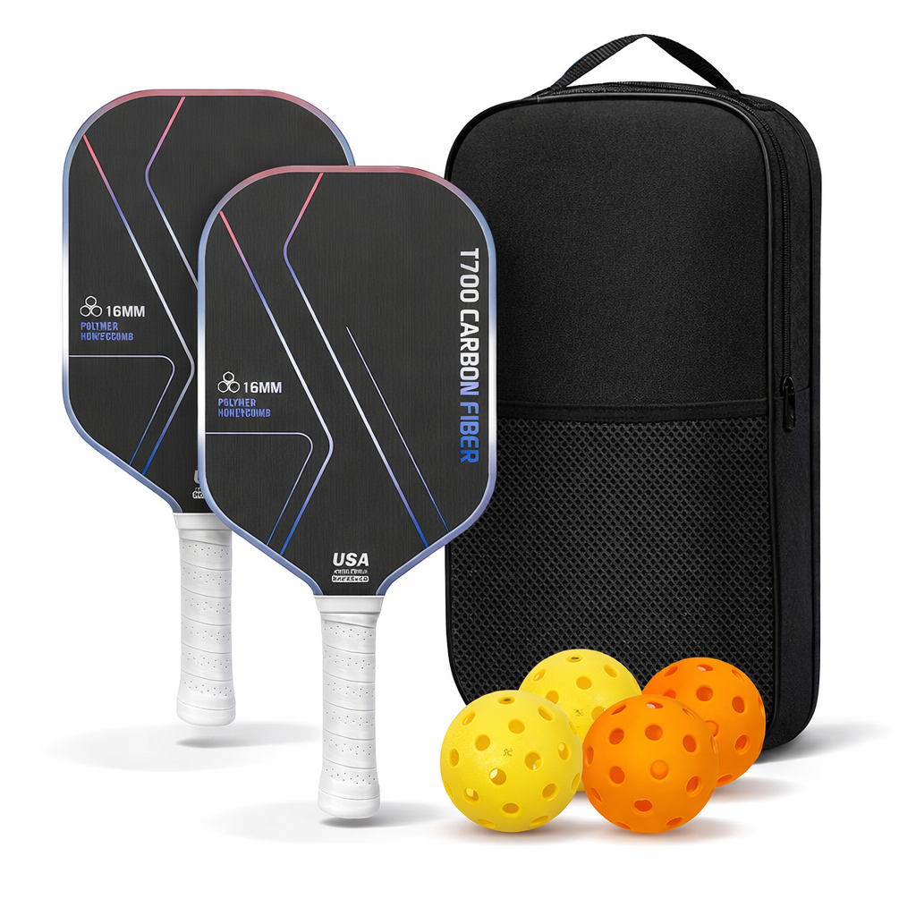 Pickleball paddle set blue carbon face textured surface close-up