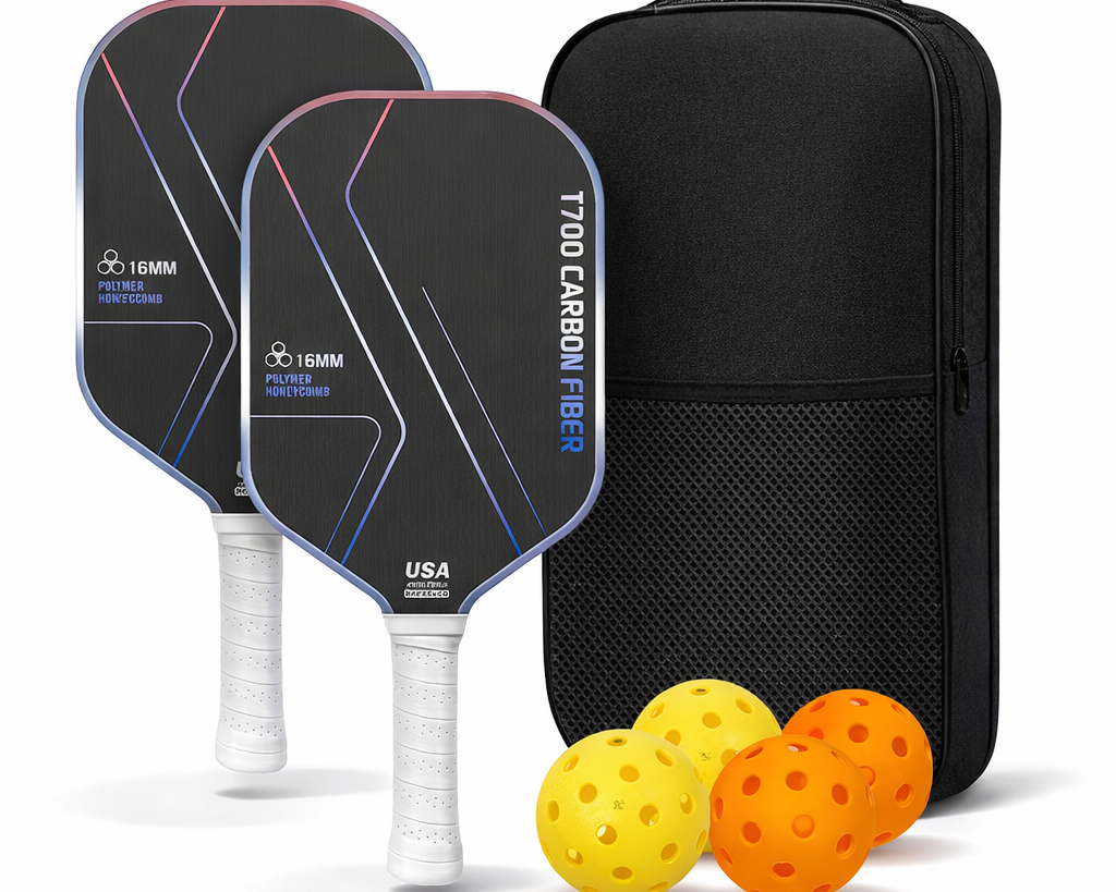 Pickleball paddle set blue carbon face textured surface close-up