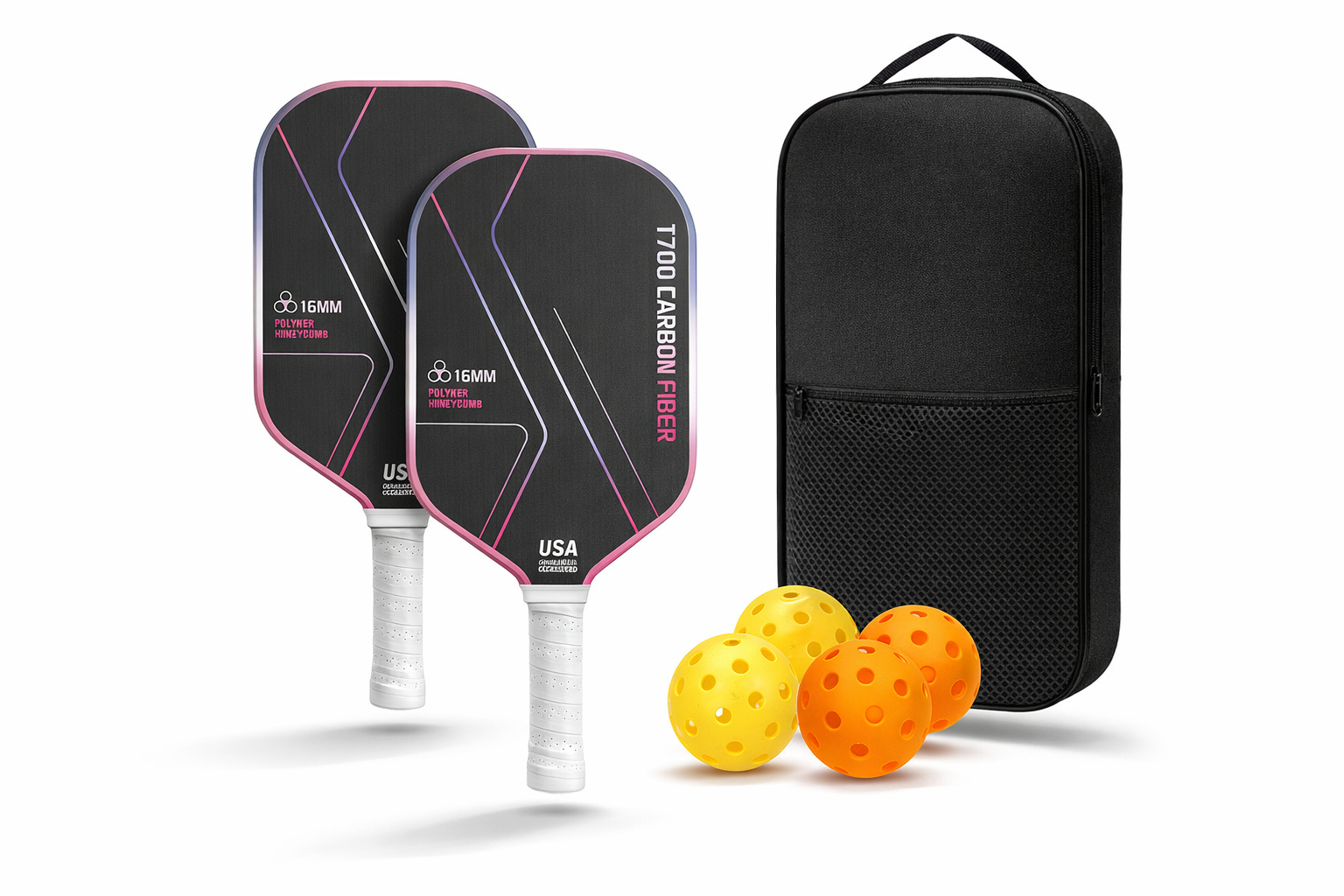 Carbon fiber pickleball paddle pink set lifestyle court image