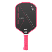 Pink pickleball paddle showing carbon fiber face and ergonomic handle design