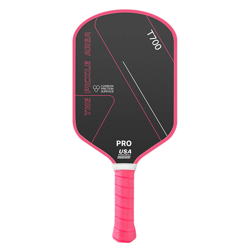 Pink pickleball paddle showing carbon fiber face and ergonomic handle design