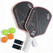 Pink pickleball paddle set of 2 featuring paddles, 4 balls and grip protection tape overhead