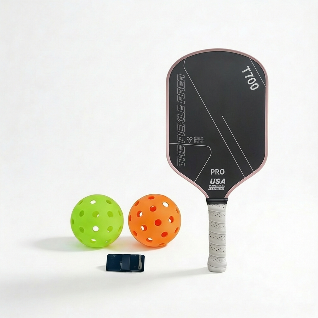 Pink pickleball paddle solo set featuring paddle, 2 balls and grip tape front view