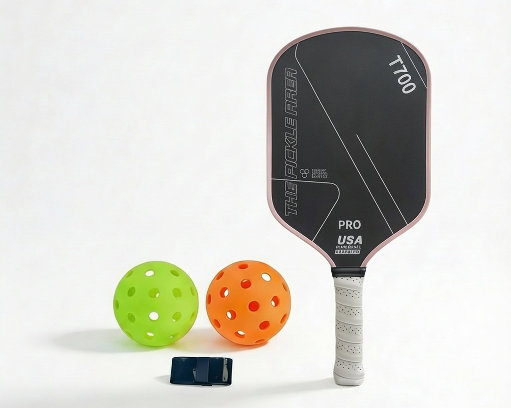 Pink pickleball paddle solo set featuring paddle, 2 balls and grip tape front view