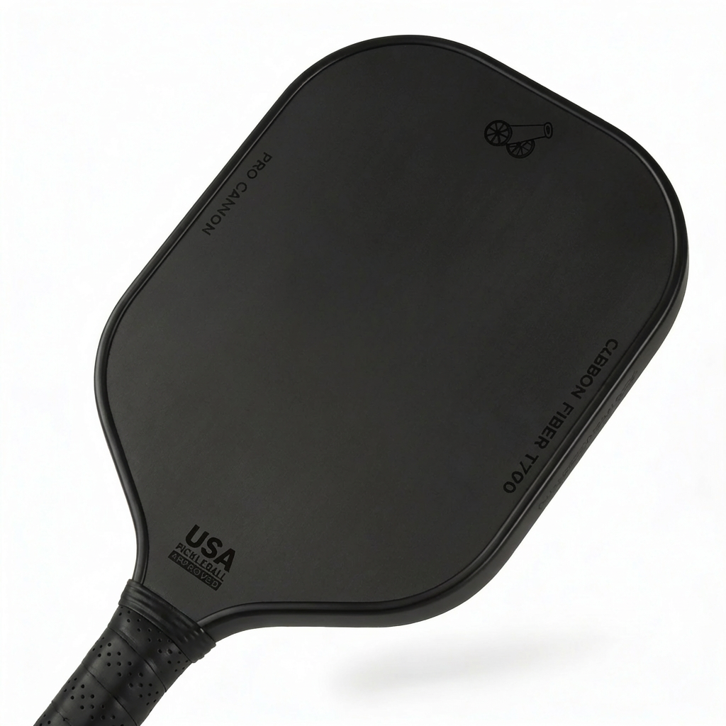 Close-up of premium black pickleball paddle with textured face for enhanced spin control