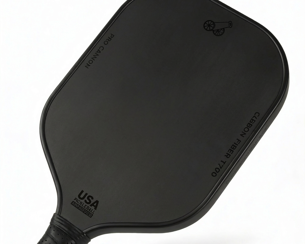 Close-up of premium black pickleball paddle with textured face for enhanced spin control