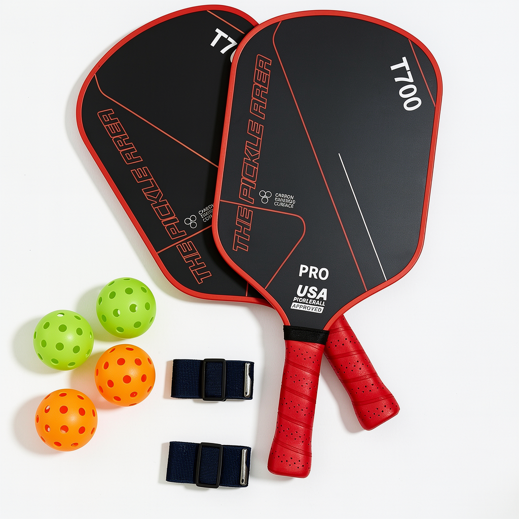 Red pickleball paddle set of 2 with matching paddles, balls and handle tape top view