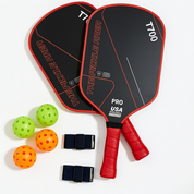 Red pickleball paddle set of 2 with matching paddles, balls and handle tape top view
