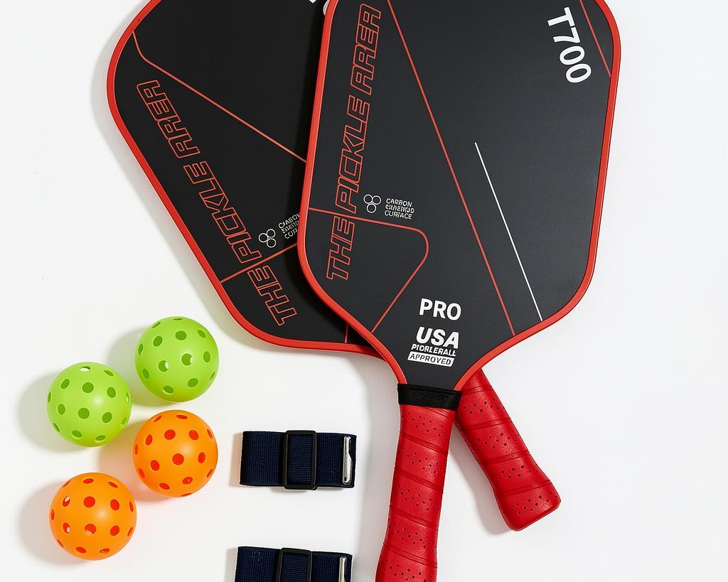 Red pickleball paddle set of 2 with matching paddles, balls and handle tape top view
