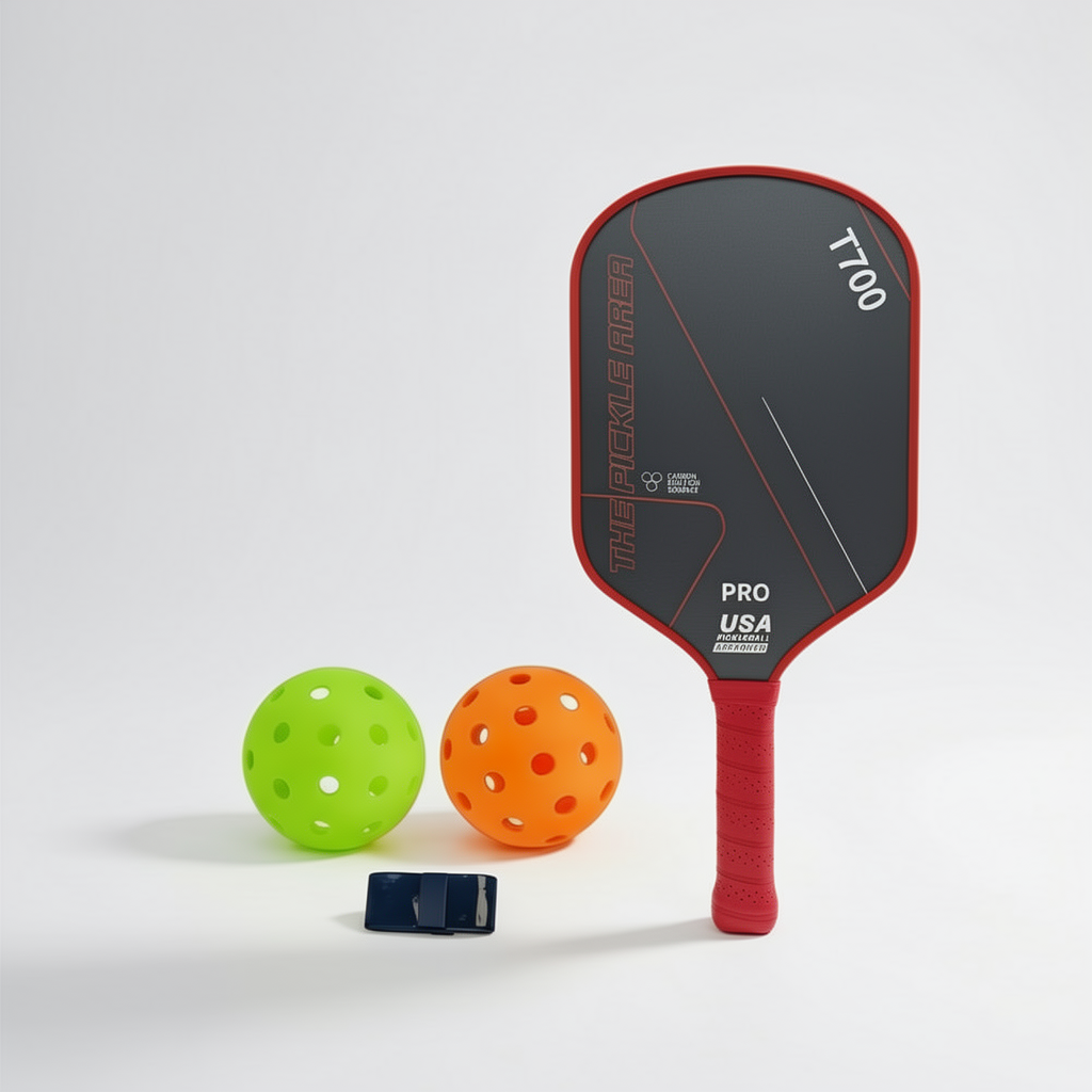 Red pickleball paddle set with ball and protective handle tape front view