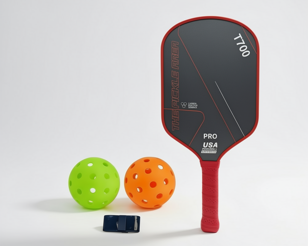 Red pickleball paddle set with ball and protective handle tape front view