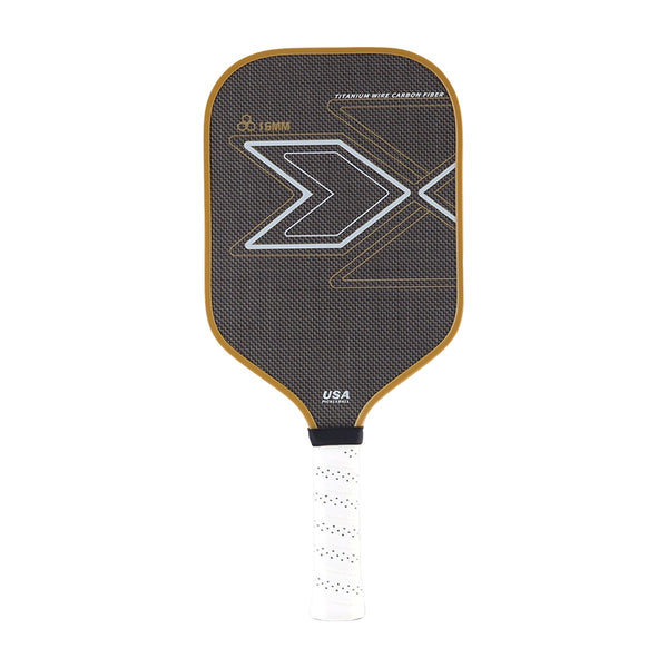PickleballDoor titanium weave carbon fiber pickleball paddle in gold, 16mm core, white cushion grip, front view